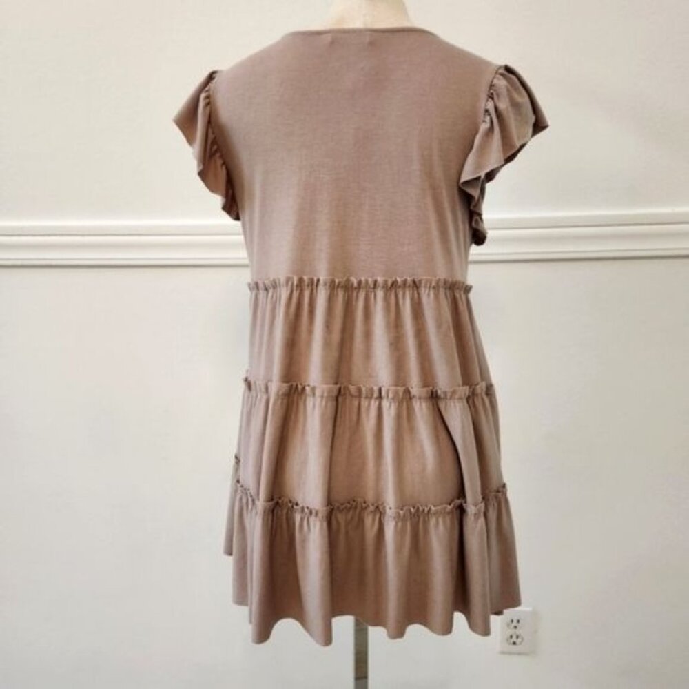Zenana Ash Mocha Tiered Mini Dress Flutter Sleeve Tan Sleeveless Size Medium - Picture 11 of 12